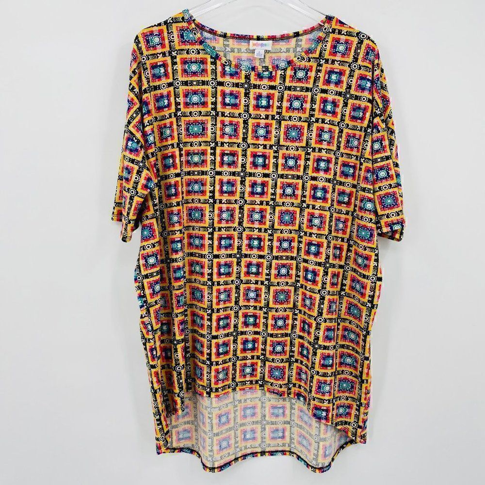 Lularoe Size Large Yellow Southwestern Aztec Print Short Sleeve Irma Tunic Top